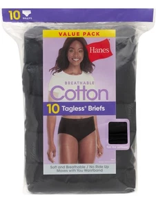 Hanes Womens Breathable No Ride Up Cotton All Black Briefs 10-Pack Sz 7 Large - Picture 1 of 5