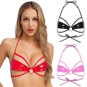 Women's Faux Leather Cupless Unlined Wireless Bras Lingerie Hollow Out Bra Tops - Picture 1 of 47