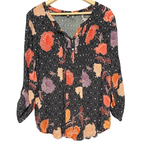 Daniel Rainn Floral Boho Pullover Top Peasant Blouse Size XL Pleated Lightweight - Picture 1 of 12