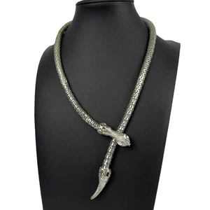 Vintage Snake Metal Mesh Necklace Silver Toned Adjustable Rhinestone Jewel Eyes - Picture 1 of 7