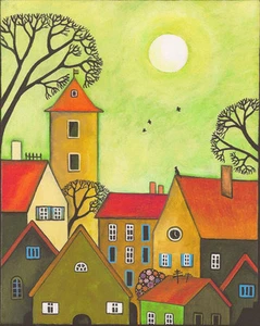 8x10 IMPRESIÓN DE PINTURA RYTA FOLK HOUSE GATO NEGRO Arte Cuervo paisaje contemporáneo - Imagen 1 de 1