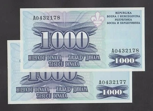 🔴BOSNIEN 1000 Dinara 1995 UNC P47C Paar mit aufeinanderfolgender Serie No TDLR - nicht ausgestellt - Bild 1 von 2
