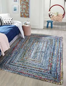 Rug Runner Rectangle Denim Cotton Natural Handmade Carpet Braided Modern Rugs - Picture 1 of 7