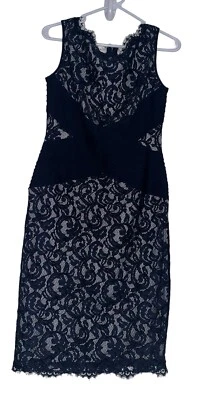 Vestido Vaina Tadashi Shoji 4 Azul Marino Encaje Ajustado Pintuck Jersey Cintura Cruzada Fiesta Foto 1 de 4