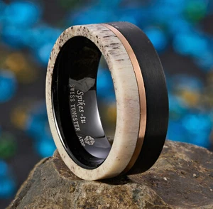 8mm ATOP Deer Antler Rose Gold Plated Men's Wedding Band Tungsten Ring - Picture 1 of 8