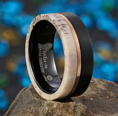 8mm ATOP Deer Antler Rose Gold Plated Men's Wedding Band Tungsten Ring - Image 1 of 4