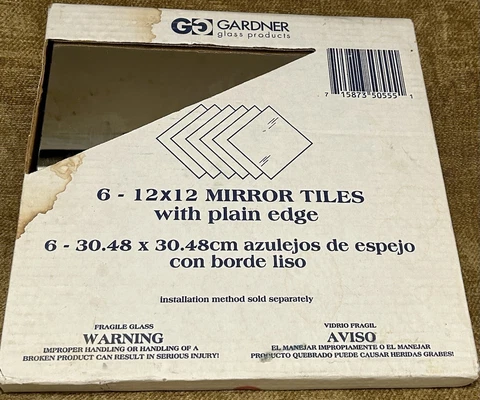 NOS Gardner Mirror Co, 6 Square Adhesive Wall Mirror Tiles 12"x12" Cover