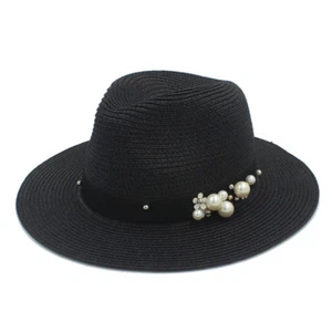Women's Panama Hat Fedoras Caps Summer Beach Sun Hat UV Protection Beads Ribbon - Picture 1 of 21