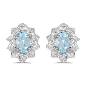 10k White Gold Oval Aquamarine & Diamond Earrings E911W-03 - Picture 1 of 1