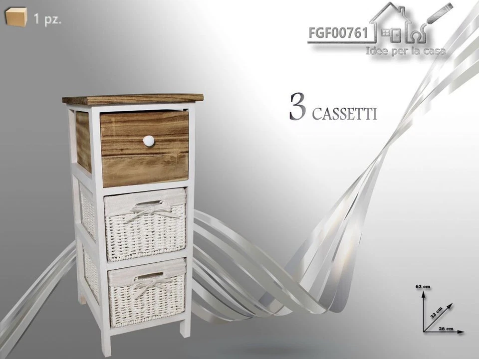 Comodino Mobiletto 3 Cassetti Stile Shabby Chic Legno Vimini Bianco Marrone and - Immagine 1 di 1