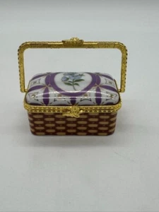 Vintage Porcelain Picnic Basket Shaped Trinket Box Blue Flowers 3" x 1.25" - Picture 1 of 10