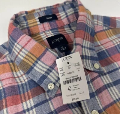 New JCrew Button Down Shirt short sleeve Blue Pink Plaid Linen Blend Small S $90 - Image 1 of 4