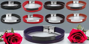 Akzent Herren Leder Frau Armband Edelstahl Gravurplatte Damen rot schwarz silber - Bild 1 von 20