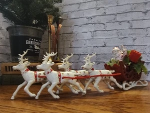 VTG Blow Mold Plastic Tabletop Waving Santa Four Reindeer Flocked Sleigh 13" - Picture 1 of 8