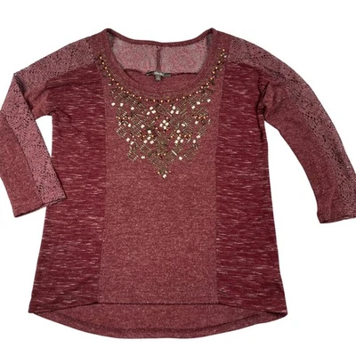 Miss Me Knit Top Womens Small Burgundy Beaded Embellished Lace Trim 3/4 Sleeves - Image 1 of 4