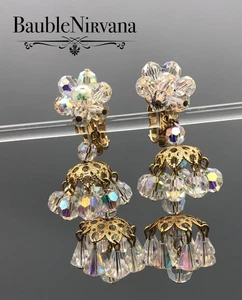 Vintage österreichische Kristall AB Glocke & runde facettierte Perlen Chandelier Ohrringe - Bild 1 von 5