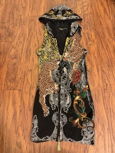 RARO CHRISTIAN AUDIGIER Pequeño SIN MANGAS TEJIDO SUDADERA CON CAPUCHA Vestido Guepardo Negro Estrás - Imagen 1 de 14