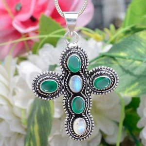 Green Onyx Moonstone Gemstone 925 Sterling Silver Christmas Festival Cross - Picture 1 of 10