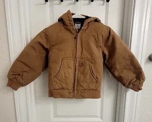 Carhartt Jacket Youth Size 5 Brown Hooded Duck Canvas Quilt Lined Full Zip Coat - Picture 1 of 8