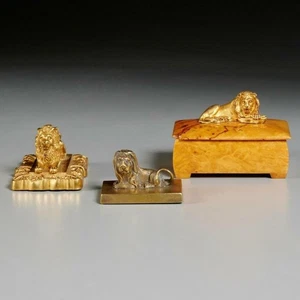 Miniatur vergoldete Bronze Liegeröwe Box Figur gemischte Gruppe 3 Stück - Bild 1 von 6