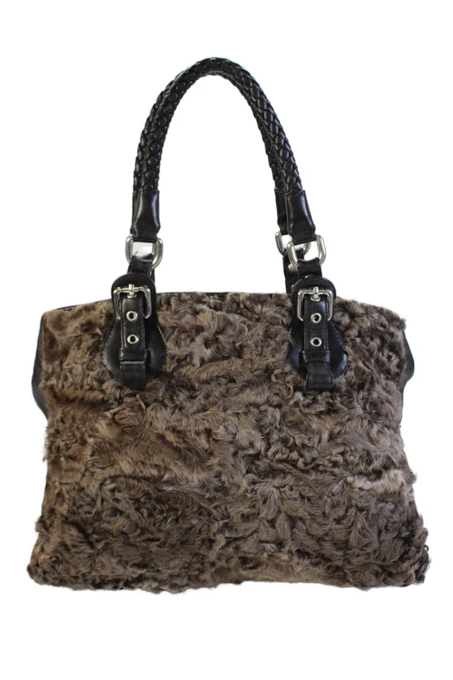 Paolo Masi Womens Leather Fur Front Silver Tone Shoulder Handbag Brown - Image 1 of 4