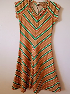 vintage 1970s a line knee length dress striped chevron boho festival  - Image 1 of 4