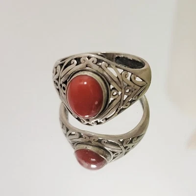 Firmado M.G. Plata de ley .925 CORAL ROJO TRABAJO ABIERTO Foto 1 de 4