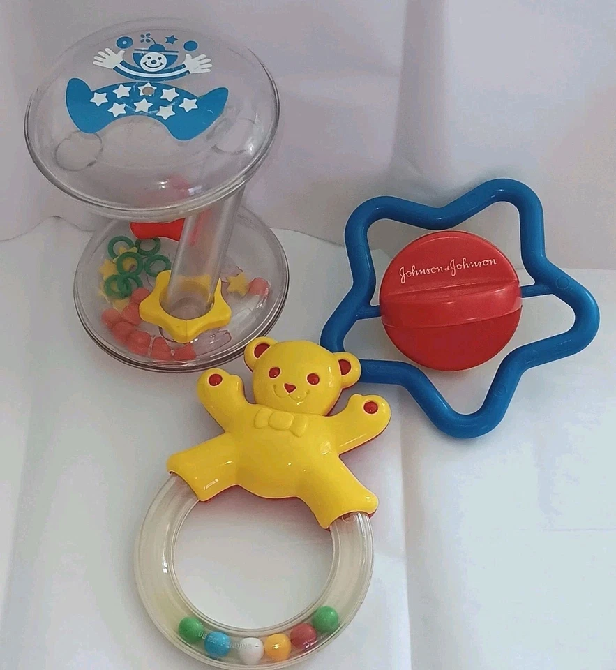 3 винтажных детских ручных погремушки Johnson & Johnson для прорезывания зубов и ручной ловкости, США  - Изображение 1 из 4