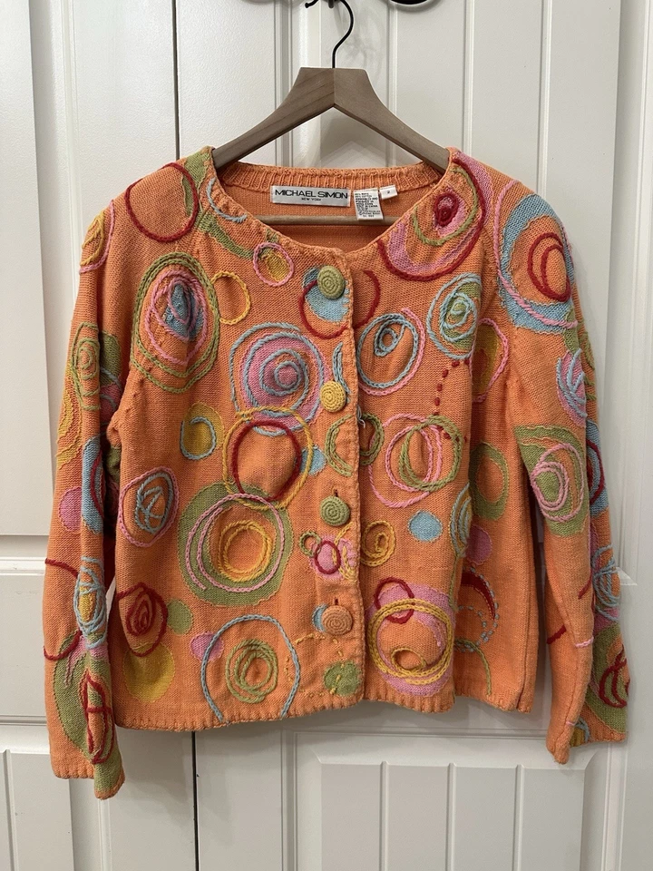 Cárdigan Michael Simon Vintage Naranja Multicolor Círculo Talla 2 Mediano Algodón Ramie Foto 1 de 4