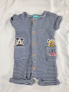 Disney Baby Mickey & Pluto Romper Size 3-6M Blue White Striped Button Up - Picture 1 of 6