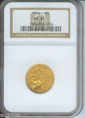 1914 $5 INDIAN HALF EAGLE GOLD COIN NGC MS61 MS-61 BETTER DATE Older Holder  !!! - Image 1 of 4