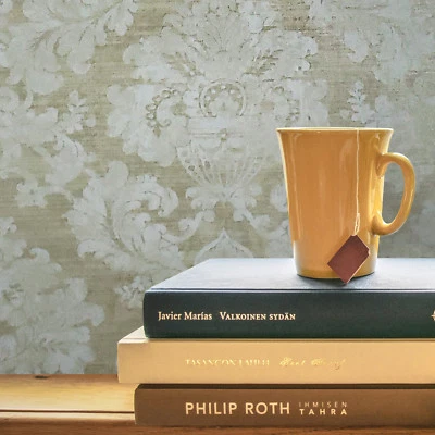 Papel de parede vitoriano latão dourado metálico bege damasco gesso texturizado - Imagem 1 de 4