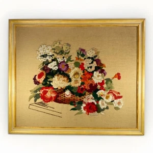 Vintage Embroidery Art Flower Basket Large Framed 1970’s? Needlework Vibrant - Picture 1 of 12