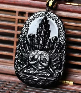 Natural Black Obsidian Pendant Chinese Thousand Hand GuanYin Charm Necklace Gift - Picture 1 of 6