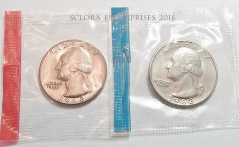 1968 P & D Washington Quarter Coin Set (2 Coins) *MINT CELLO*  **FREE SHIPPING** Cover