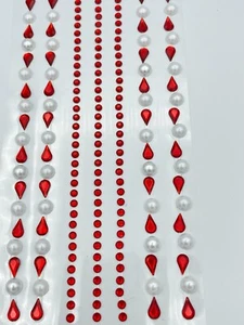 7 Assort 26cm Red Self Adhesive Acrylic Teardrop Gems and Pearls Embossed Strips - Picture 1 of 3