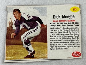 NFL 1962 Post Cereal Football Card #143-Dickie Moegle, Dallas Cowboys (Rice)