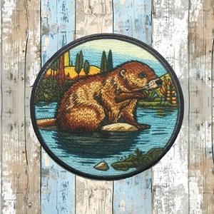 Beaver Patch Iron-on Applique Wild Animal Badge Pond River Lake Nature Decor - Picture 1 of 12