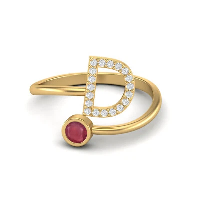 Anello regolabile in argento 925 placcato oro riempito vetro rubino lettera iniziale D - Immagine 1 di 4
