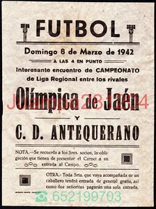 CARTEL DE FUTBOL 1942 OLIMPICA DE JAEN - CD ANTEQUERANO 154x207mm - Picture 1 of 2