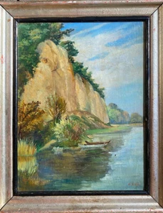 Oil painting signed A. Keil steep coast with landscape and boats in summer - Picture 1 of 8
