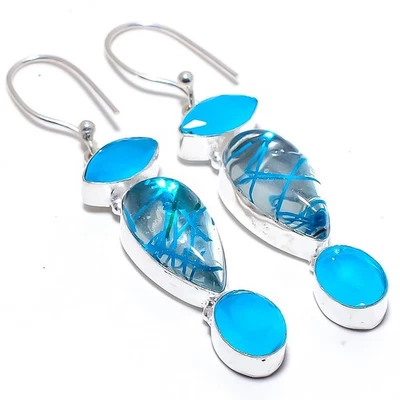 Pendiente De Joyería De Plata Esterlina 925 Con Cuarzo Rutile Azul Y Ónix 2.5" - Imagen 1 de 4