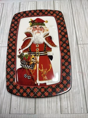 Retired MacKenzie Childs Santa Nutcracker Cookie Plate Red Tartan Border 8x12 - Image 1 of 4