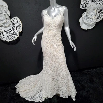 NWT~$1450~ELLA ROSA~10/12~WHITE NUDE FLORAL LACE FIT & FLARE WEDDING DRESS GOWN - Image 1 of 4