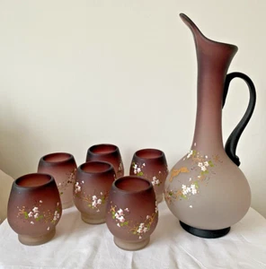 Vintage Italian gilded enamel satin glass decanter & 6 goblet glasses Murano ? - Picture 1 of 19