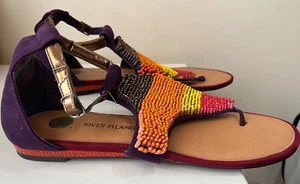 River Island Shoes Size UK 6 Purple Beaded Toe Post Sandals Summer Holiday - Picture 1 of 11