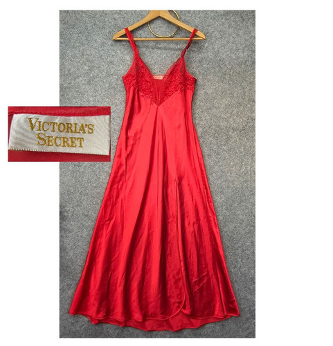 UNDERCOVER Camicia da notte vintage anni 90 VICTORIAS SECRET slip lungo XS rosso rubino pizzo glam