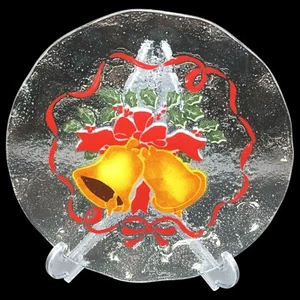 Folio Art Fused Glass Christmas Bells Holly Ribbons Plate 12" - Picture 1 of 9