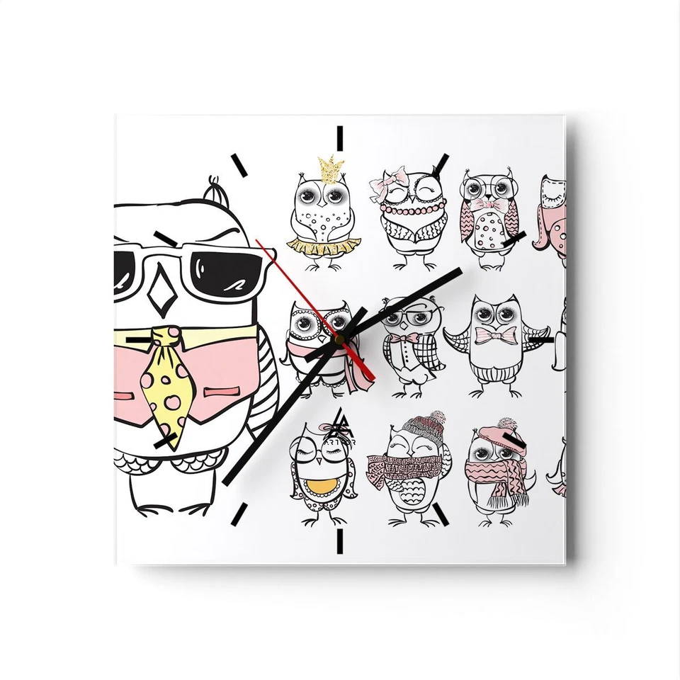 Horloge murale en verre 30x30cm Chouette amusement garçon joyeux Wall Clock - Photo 1/4