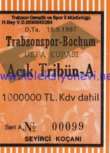 TRABZONSPOR - BOCHUM (GERMANY) 1997 UEFA CUP MATCH SOCCER FOOTBALL TICKET - Picture 1 of 2